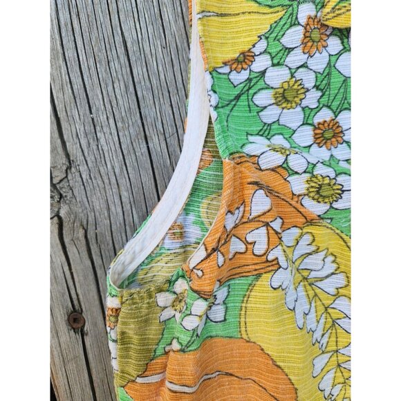 Vintage 1970s Floral Linen Button Up Sleeveless Tank Womens L/XL - Picture 3 of 6